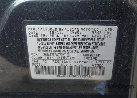2014 Nissan Sentra Sl z USA, uszkodzony, nr VIN 3N1AB7AP4EY320750